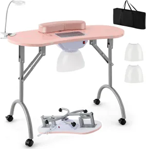 Nail Table for Nail Tech, Portable Manicure Table with Electric Dust Collector, Usb-Plug LED Lamp, Wrist Rest, 4 Lockable Wheels, Foldable Nail Desk with Carry Bag (Pink)