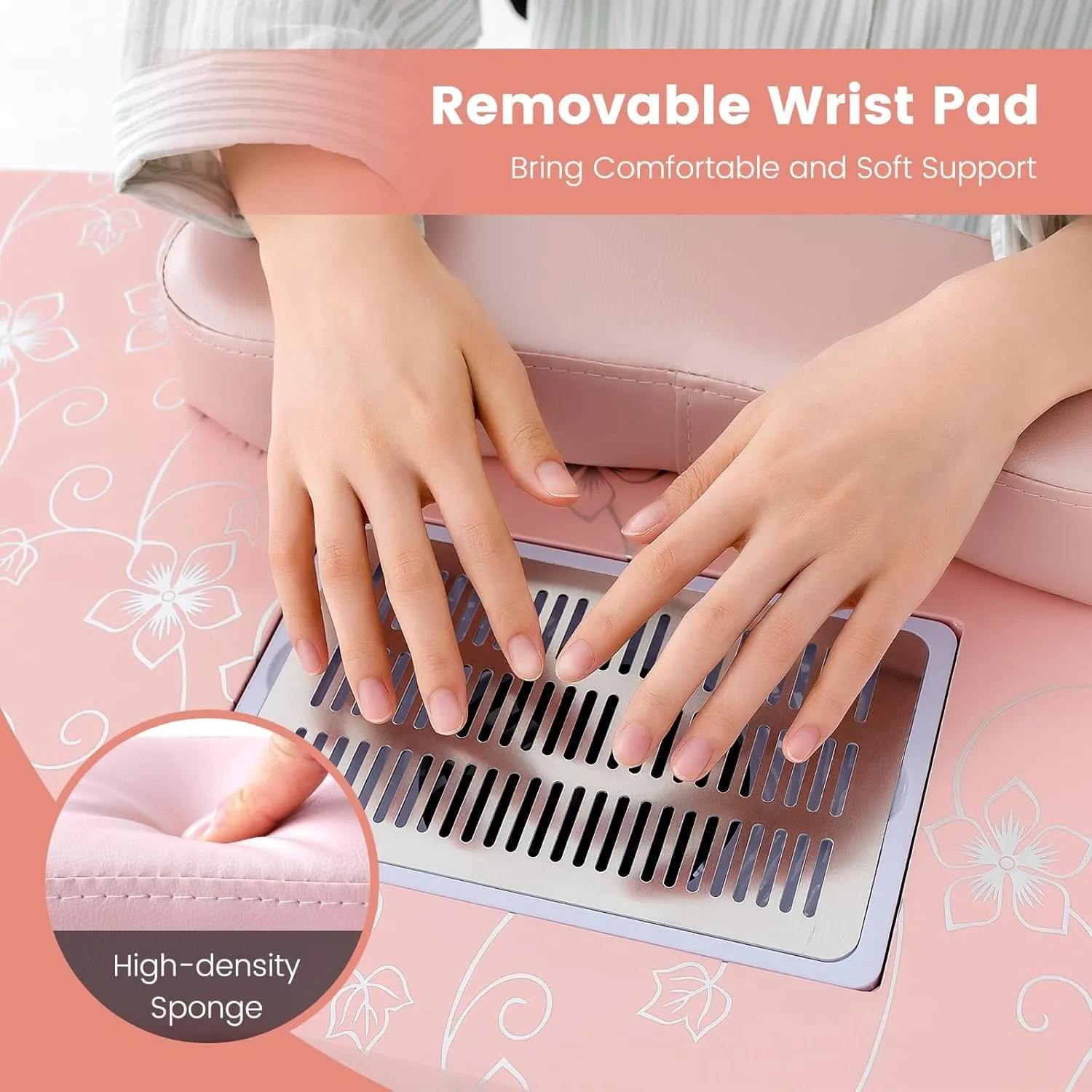 Nail Table for Nail Tech, Portable Manicure Table with Electric Dust Collector, Usb-Plug LED Lamp, Wrist Rest, 4 Lockable Wheels, Foldable Nail Desk with Carry Bag (Pink)