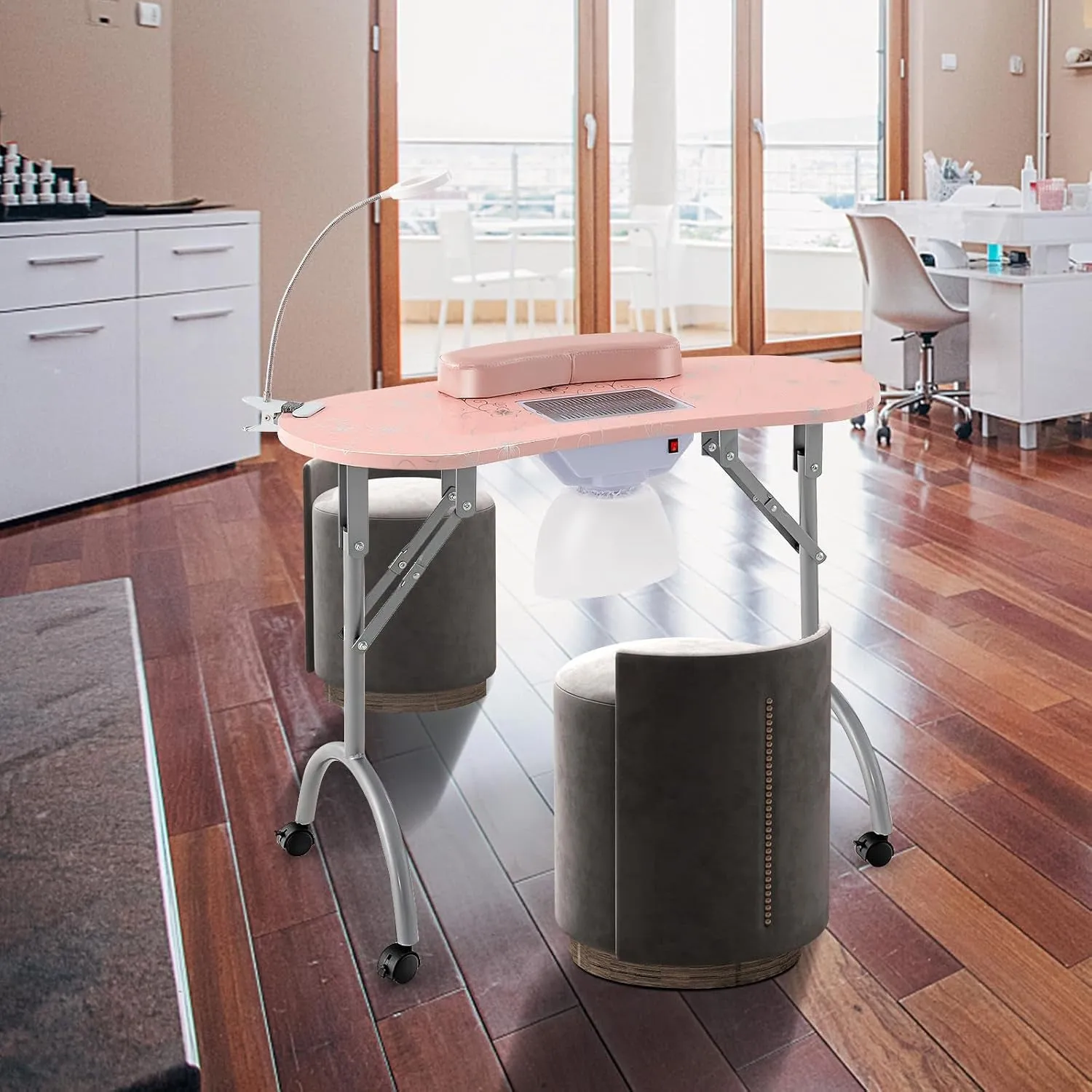 Nail Table for Nail Tech, Portable Manicure Table with Electric Dust Collector, Usb-Plug LED Lamp, Wrist Rest, 4 Lockable Wheels, Foldable Nail Desk with Carry Bag (Pink)