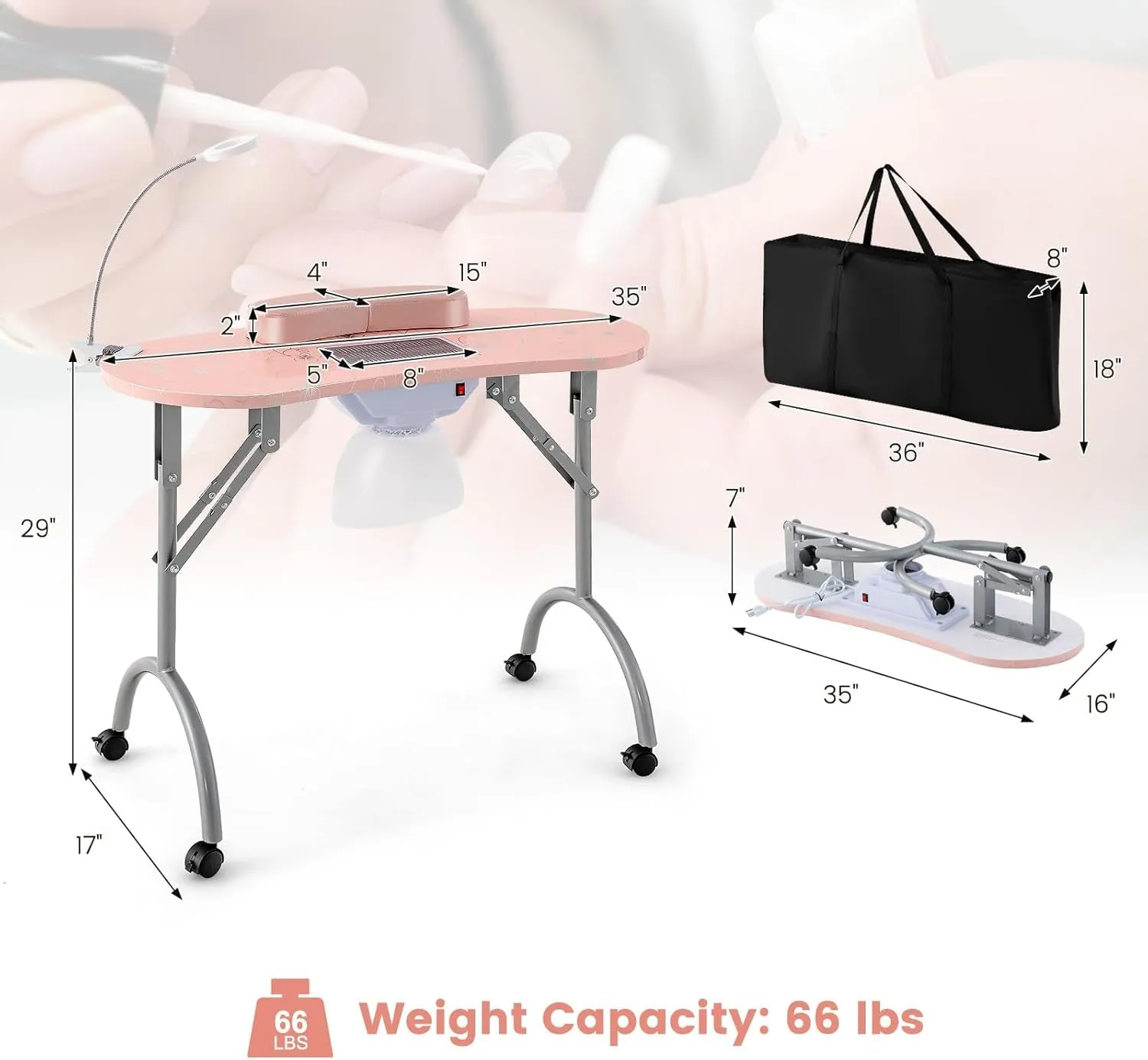 Nail Table for Nail Tech, Portable Manicure Table with Electric Dust Collector, Usb-Plug LED Lamp, Wrist Rest, 4 Lockable Wheels, Foldable Nail Desk with Carry Bag (Pink)