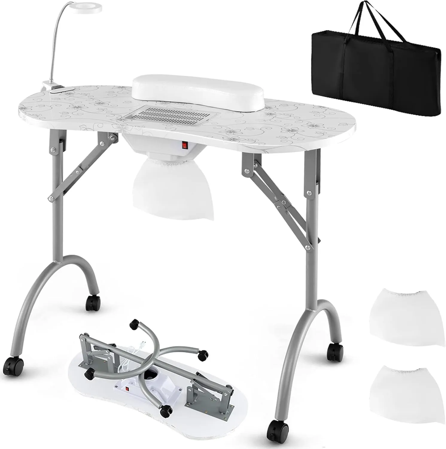 Nail Table for Nail Tech, Portable Manicure Table with Electric Dust Collector, Usb-Plug LED Lamp, Wrist Rest, 4 Lockable Wheels, Foldable Nail Desk with Carry Bag (Pink)