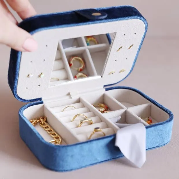 Navy Blue Velvet Rectangular Travel Jewelry Case