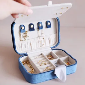 Navy Blue Velvet Rectangular Travel Jewelry Case