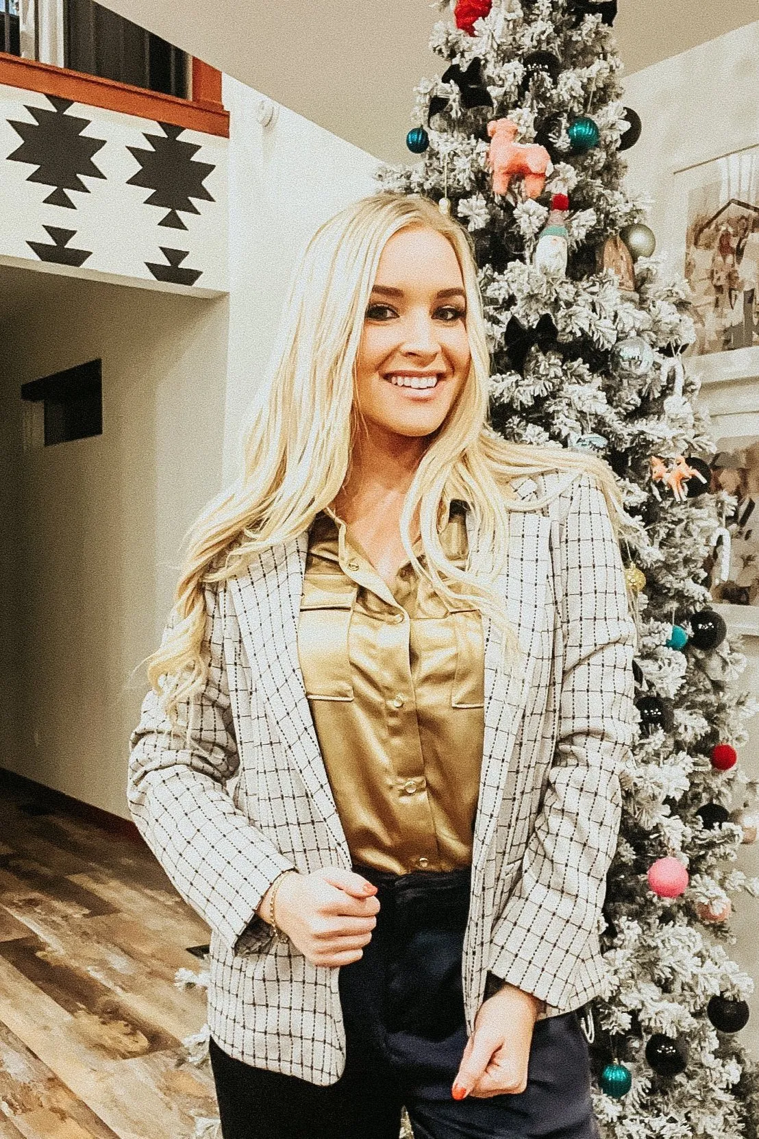 Navy Taupe Grid Fitted Blazer