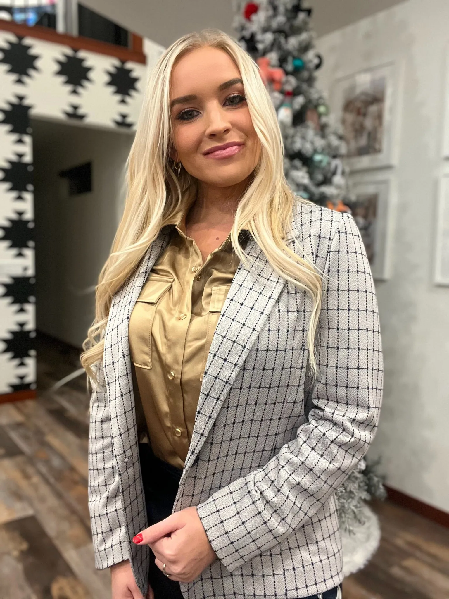 Navy Taupe Grid Fitted Blazer