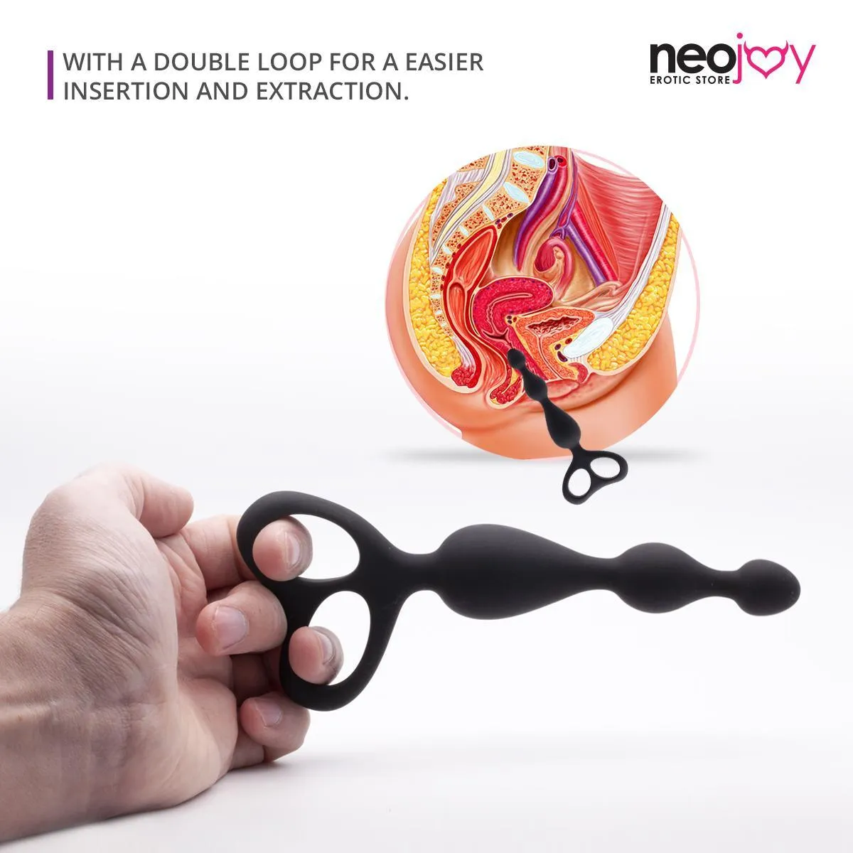 Neojoy - Beaded Anal Dildo Silicone With Double Loops - Black - 17.5cm - 6.9 inch