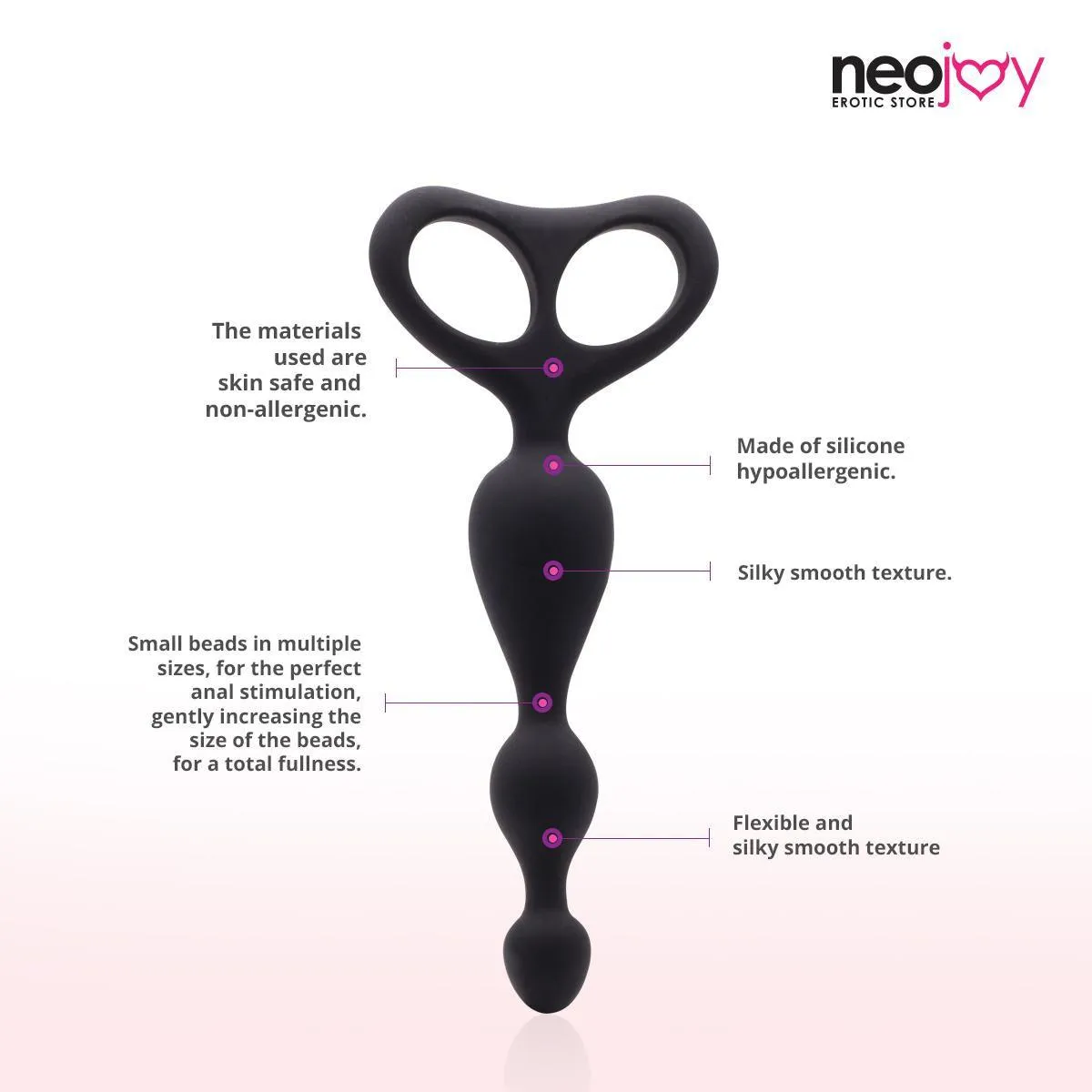 Neojoy - Beaded Anal Dildo Silicone With Double Loops - Black - 17.5cm - 6.9 inch