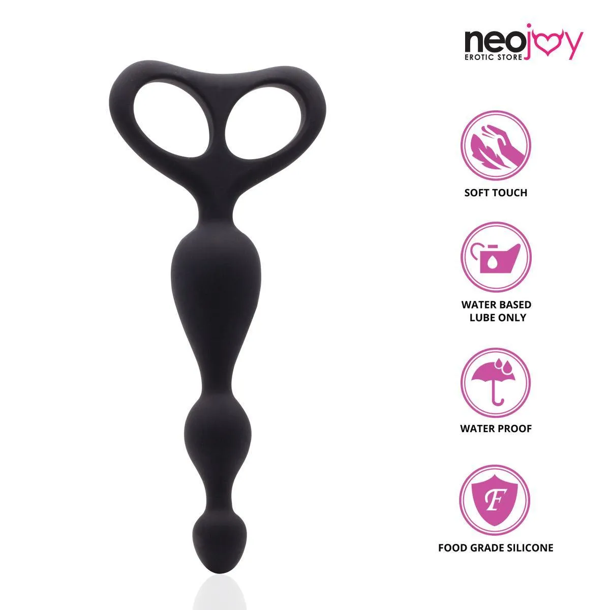 Neojoy - Beaded Anal Dildo Silicone With Double Loops - Black - 17.5cm - 6.9 inch