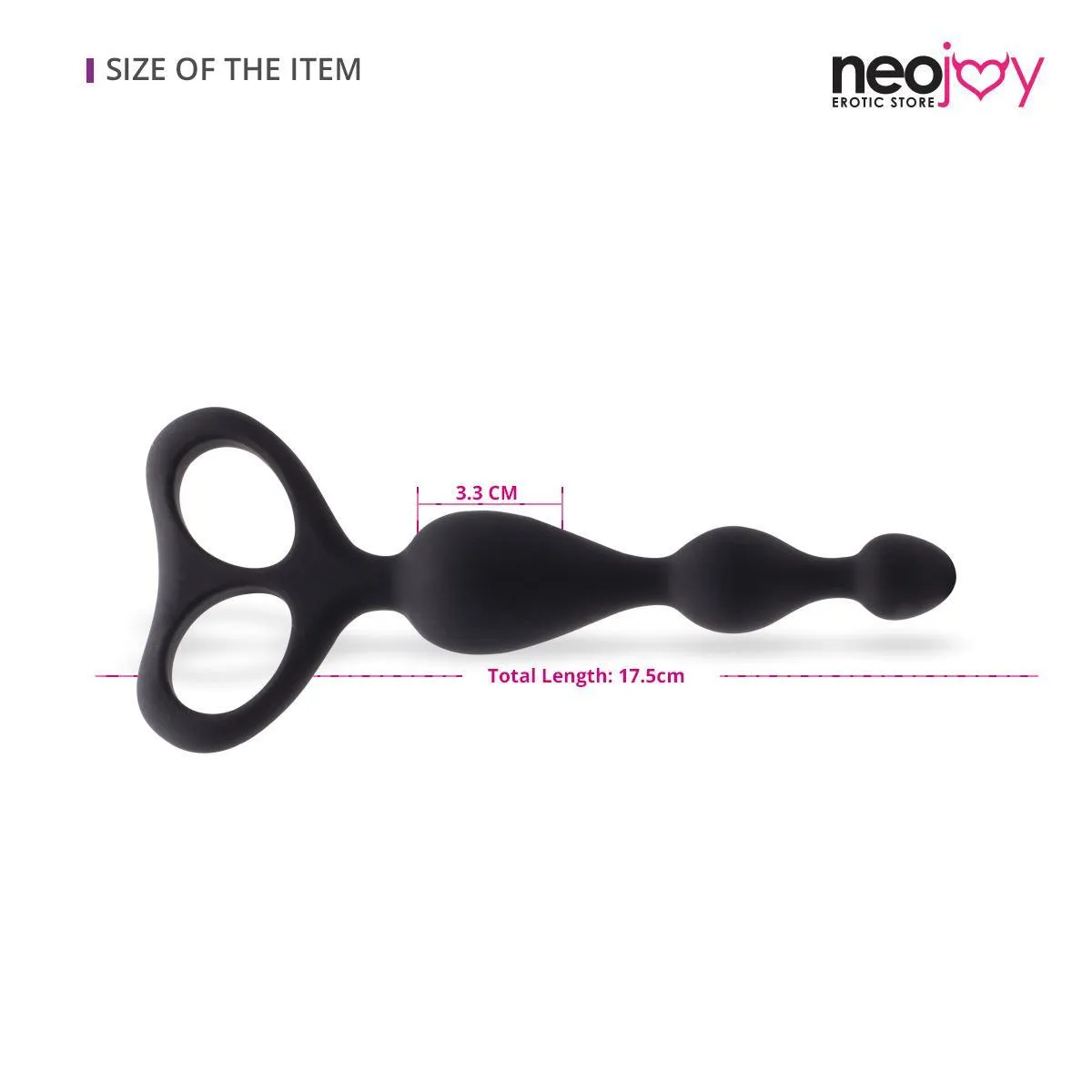 Neojoy - Beaded Anal Dildo Silicone With Double Loops - Black - 17.5cm - 6.9 inch