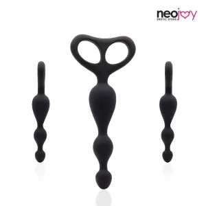 Neojoy - Beaded Anal Dildo Silicone With Double Loops - Black - 17.5cm - 6.9 inch
