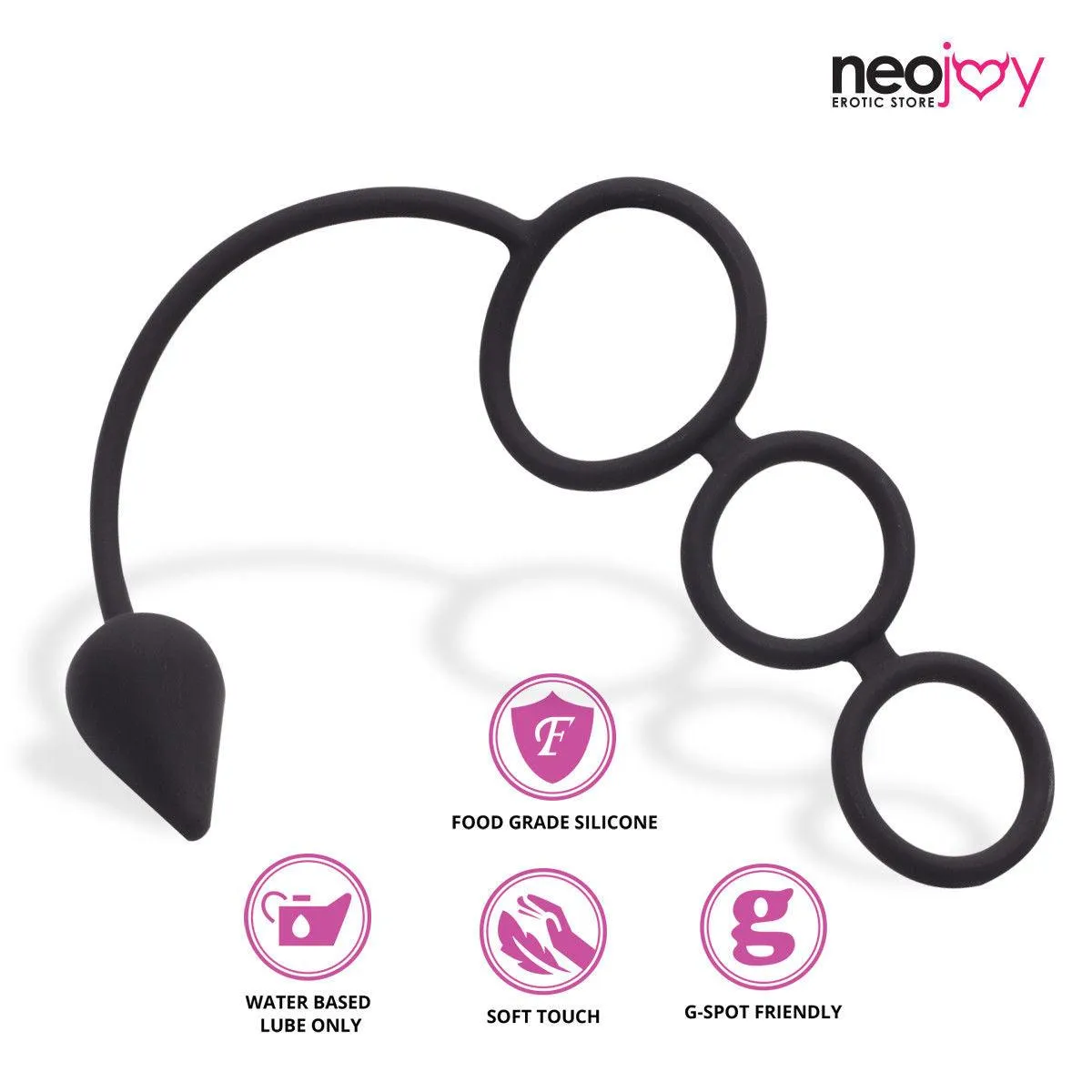 Neojoy Butt Plug Silicon Black With Triple Cock Ring 5.7 inch - 14.5 cm