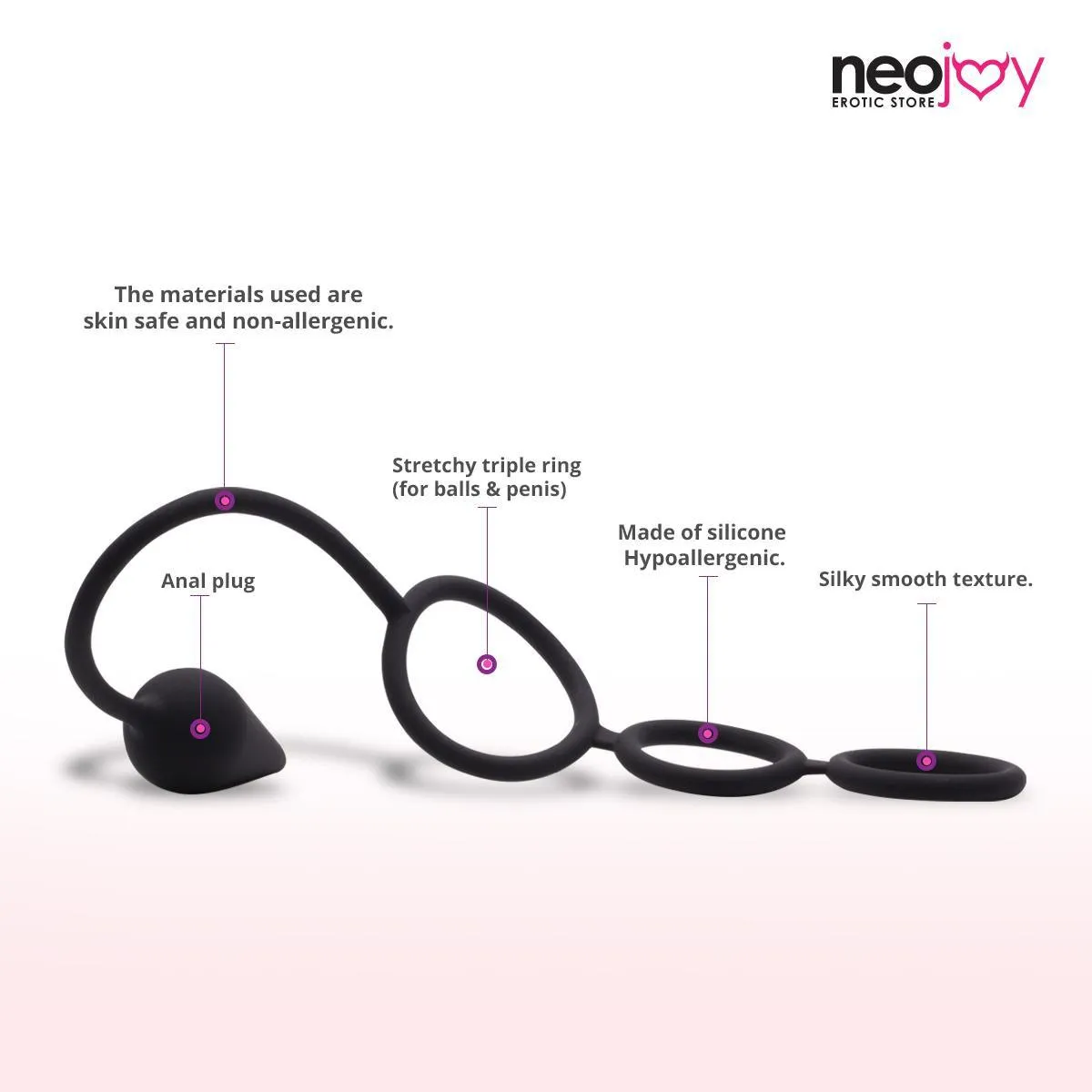 Neojoy Butt Plug Silicon Black With Triple Cock Ring 5.7 inch - 14.5 cm