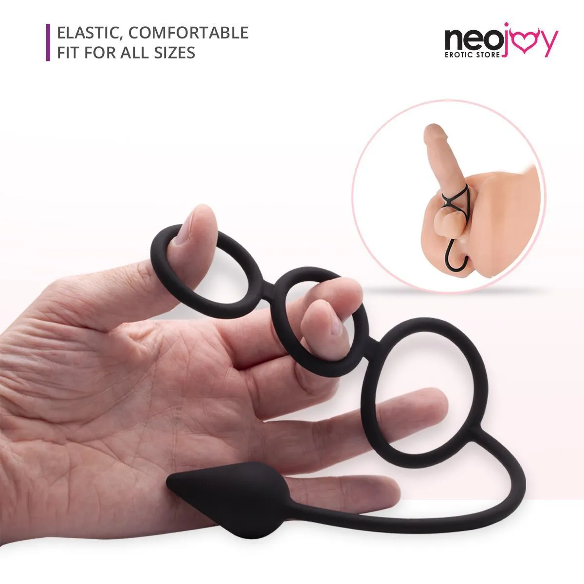 Neojoy Butt Plug Silicon Black With Triple Cock Ring 5.7 inch - 14.5 cm