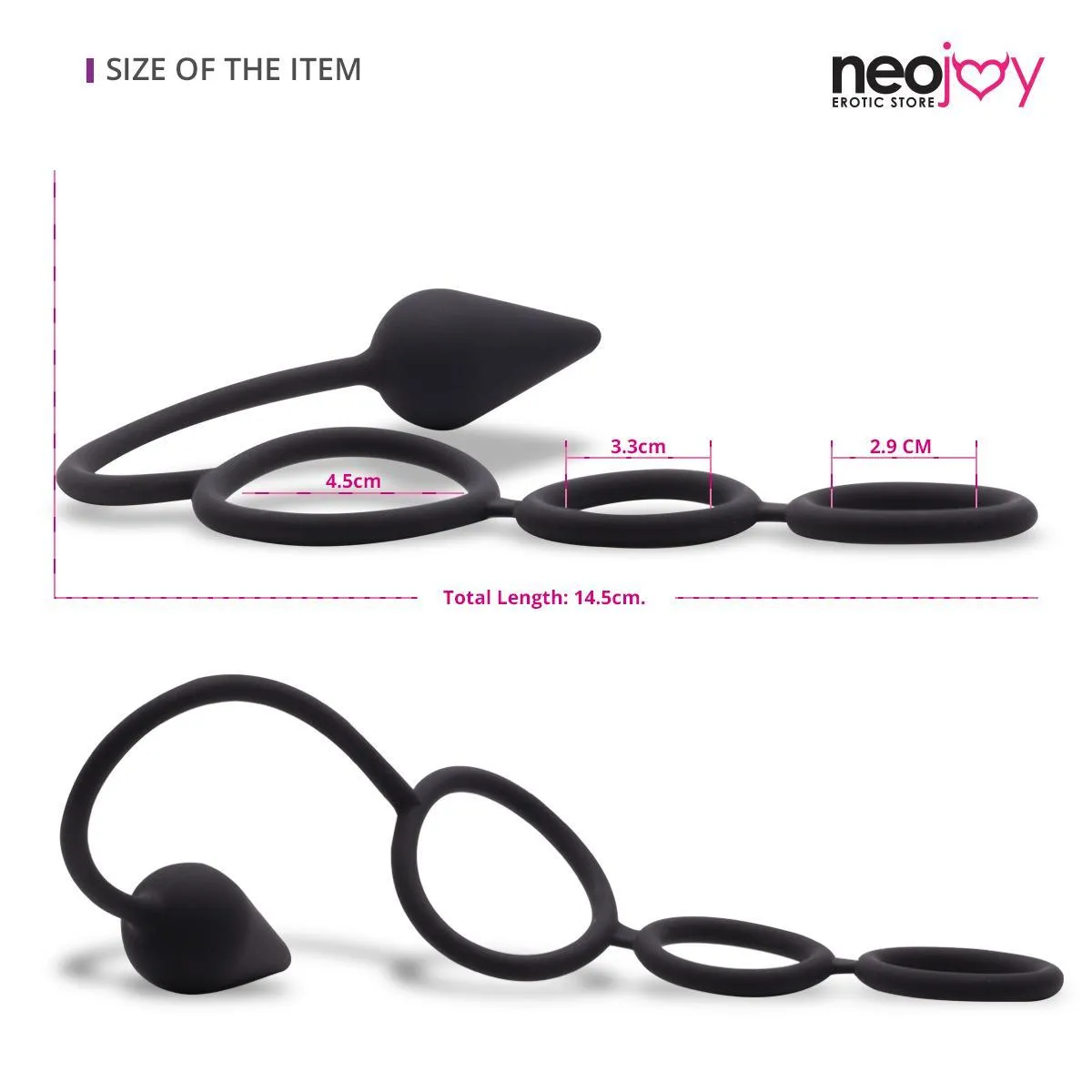 Neojoy Butt Plug Silicon Black With Triple Cock Ring 5.7 inch - 14.5 cm