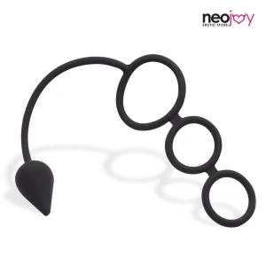 Neojoy Butt Plug Silicon Black With Triple Cock Ring 5.7 inch - 14.5 cm