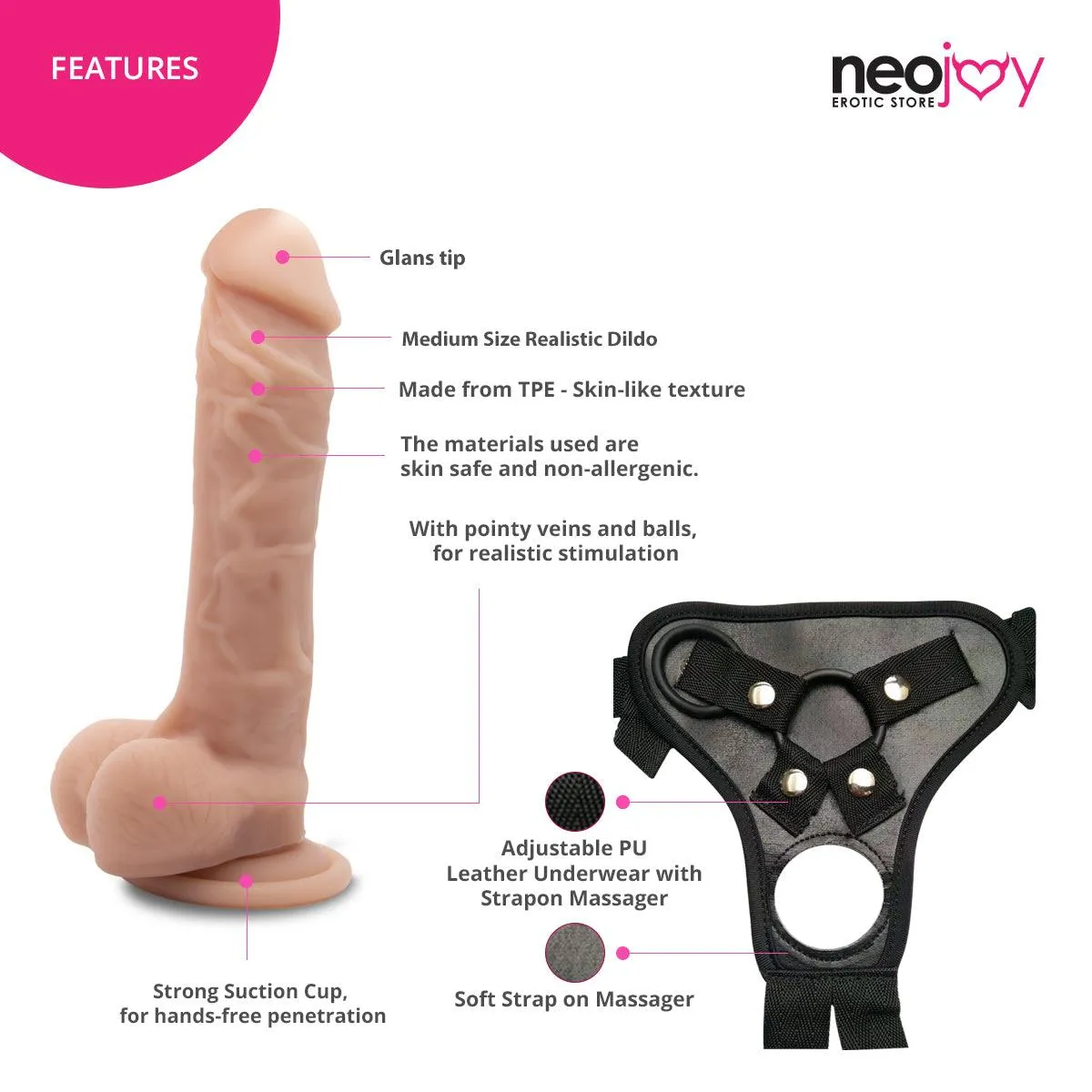 Neojoy Curvy Lover Suction Cup Dildo With Strap-On - 6.3" Dong Pegging Sex Toy