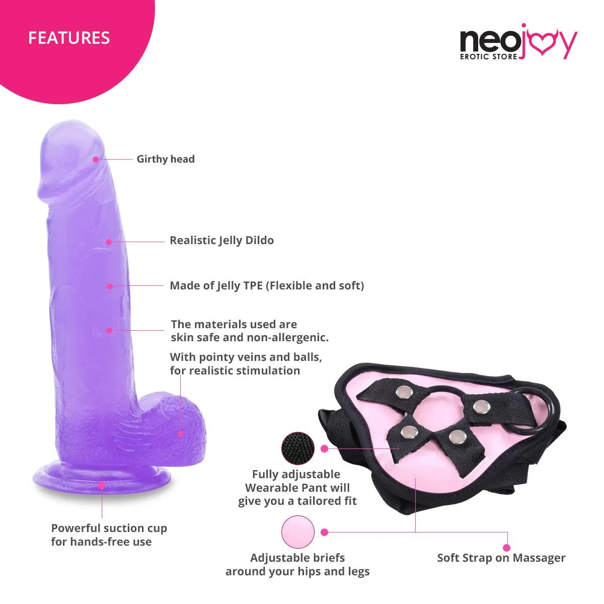 Neojoy Jelly Willy Dildo With Strap-On - 8" Dong Gay Sex Toy