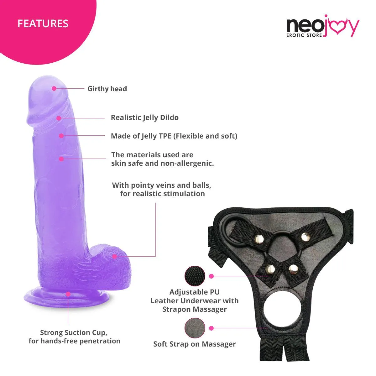 Neojoy Jelly Willy Dildo With Strap-On - 8" Dong Pegging Sex Toy