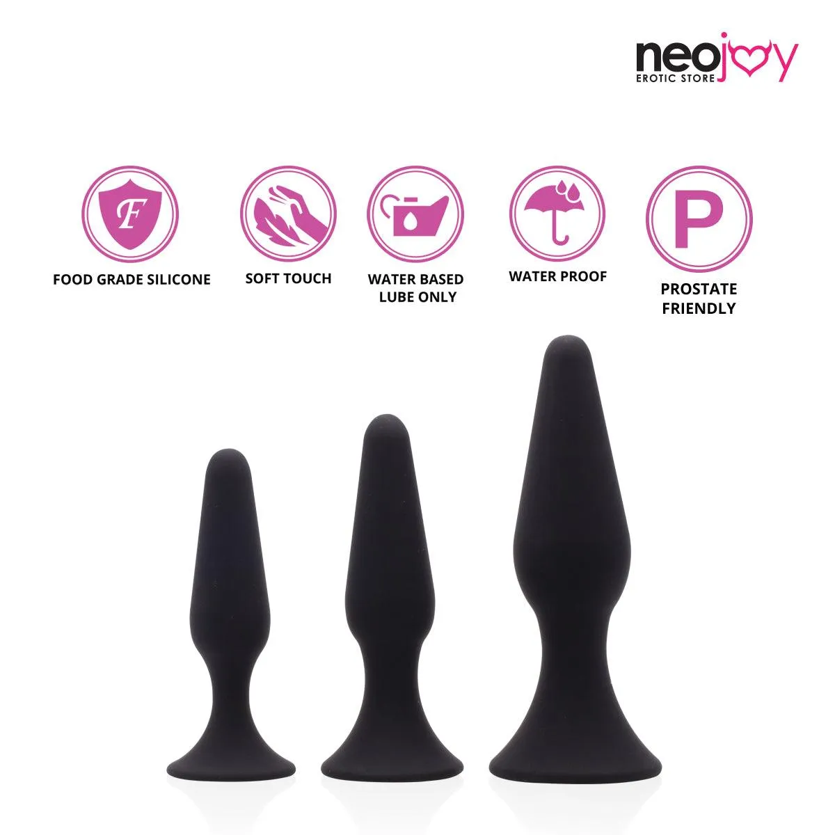 Neojoy Triple Butt plug Set Silicone Black - 3 Sizes