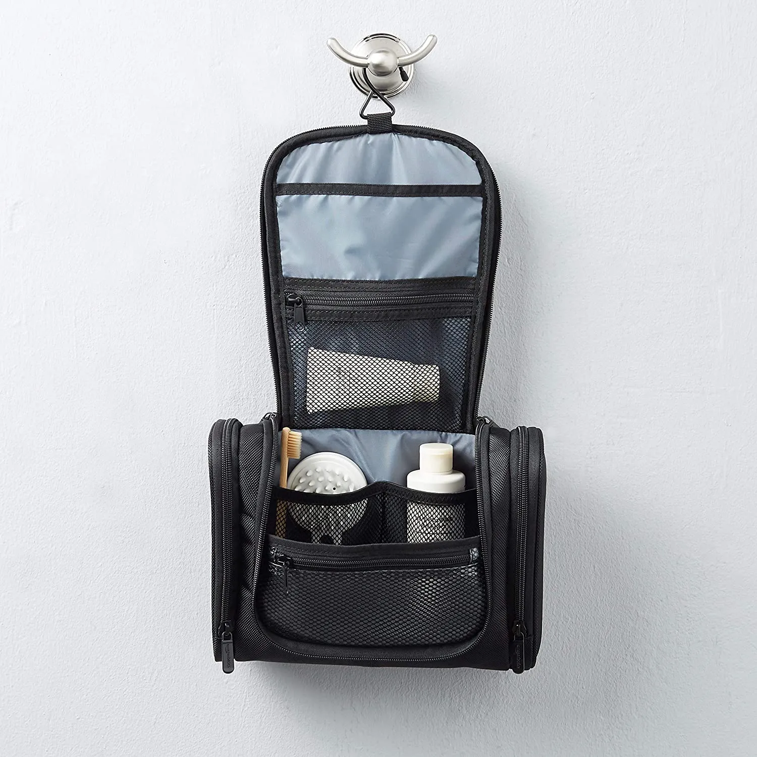 New AmazonBasics Hanging Travel Toiletry Kit Bag - Black! Hang & Visibly see your items when at home, Packs up easily for travel!