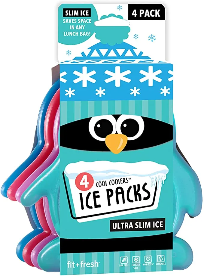 New Fit & Fresh Cool Coolers Slim Penguin Lunch Ice Packs, Multicoloured, Set of 4