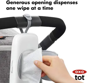 New OXO Tot On-The-Go Wipes Dispenser, Grey! A simple, one-handed push of the button reveals a large opening for easy access to wipes that easily dispenses one wipe at a time.