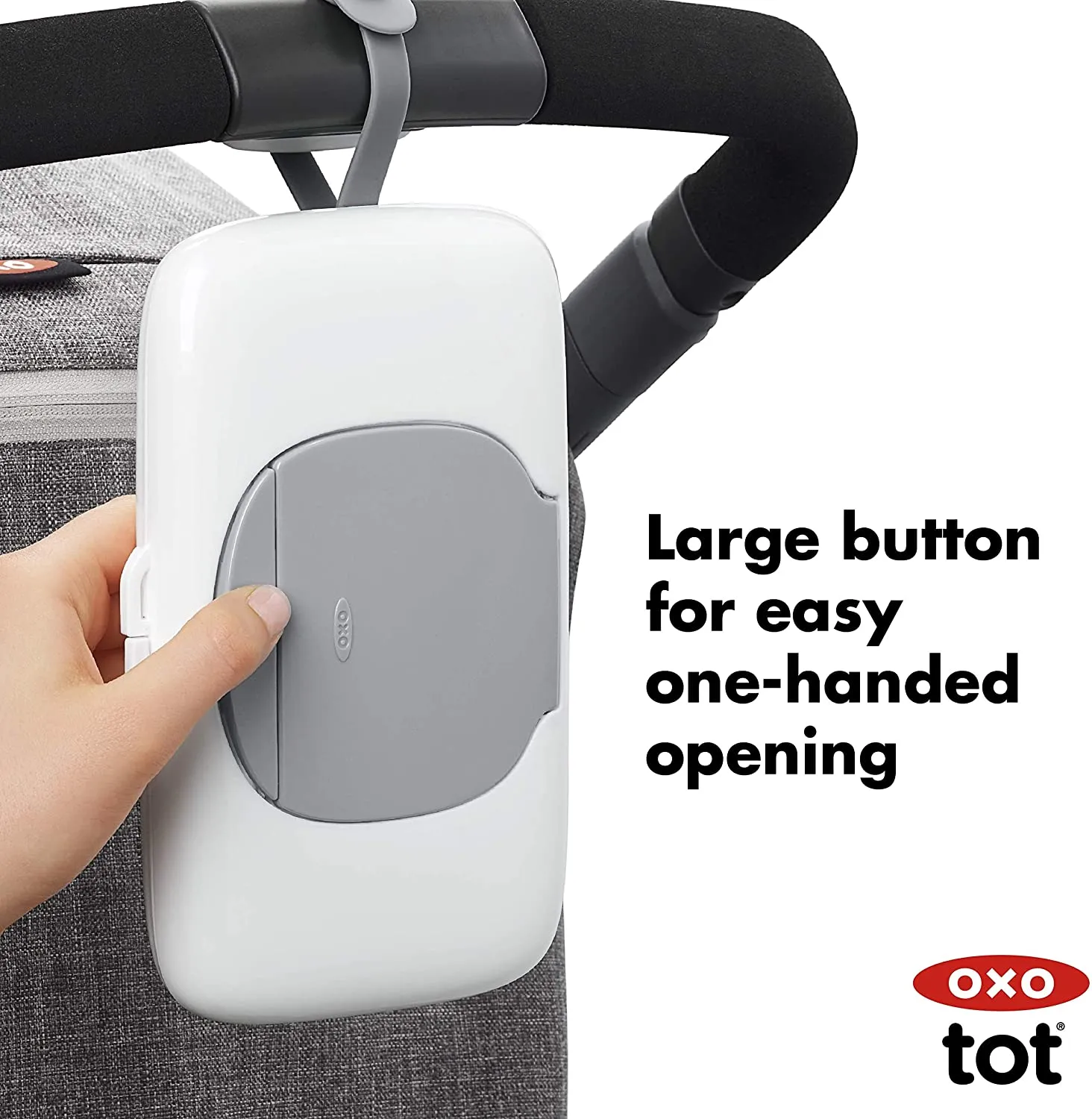 New OXO Tot On-The-Go Wipes Dispenser, Grey! A simple, one-handed push of the button reveals a large opening for easy access to wipes that easily dispenses one wipe at a time.