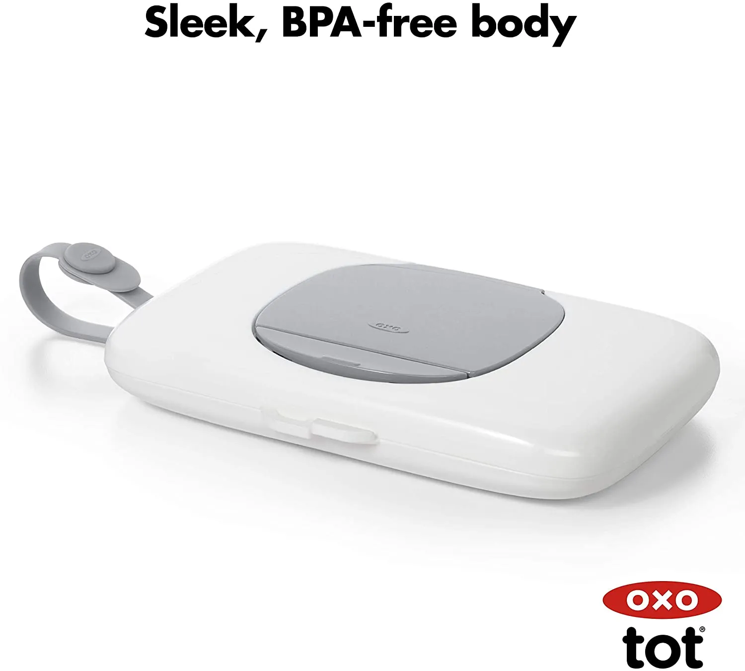 New OXO Tot On-The-Go Wipes Dispenser, Grey! A simple, one-handed push of the button reveals a large opening for easy access to wipes that easily dispenses one wipe at a time.