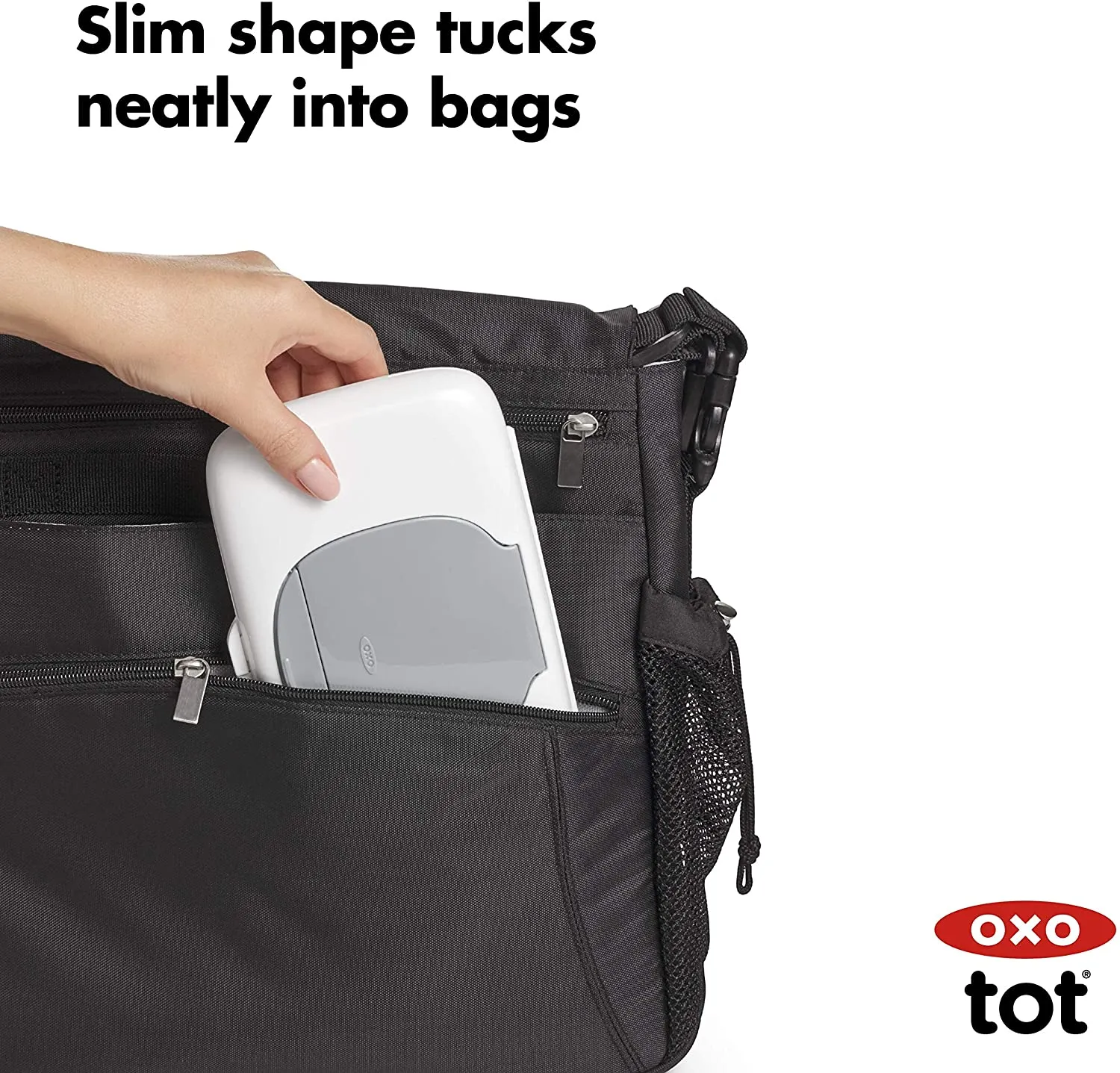 New OXO Tot On-The-Go Wipes Dispenser, Grey! A simple, one-handed push of the button reveals a large opening for easy access to wipes that easily dispenses one wipe at a time.