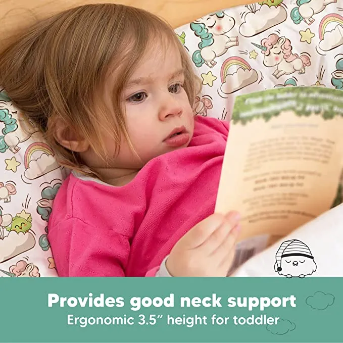 New Toddler Pillow with Pillowcase - Soft Organic Cotton Toddler Pillows for Sleeping - Machine Washable - Toddlers, Kids, Child - Perfect for Travel, Toddler Cot, Bed Set (Unicorn Dreams)