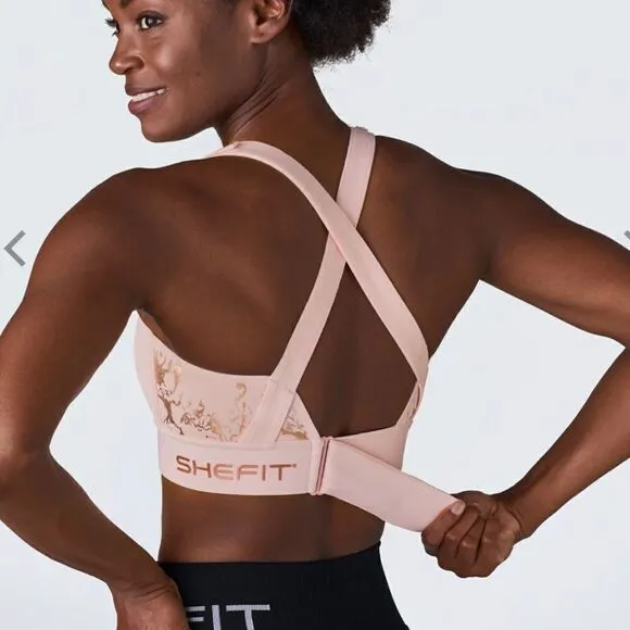 NEW SheFit FLEX Sports bra Pink Rose Gold Marble barbiecore