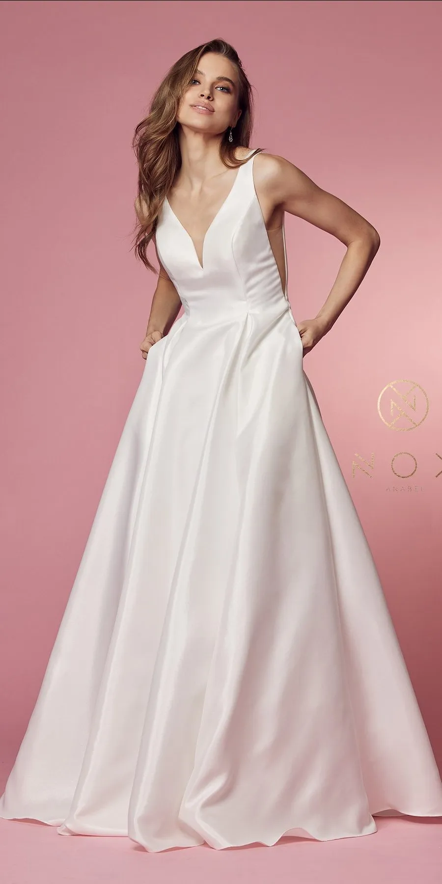 Nox Anabel E156W Long A-Line Dress V-Neck with Pockets