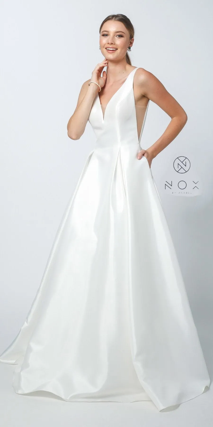 Nox Anabel E156W Long A-Line Dress V-Neck with Pockets