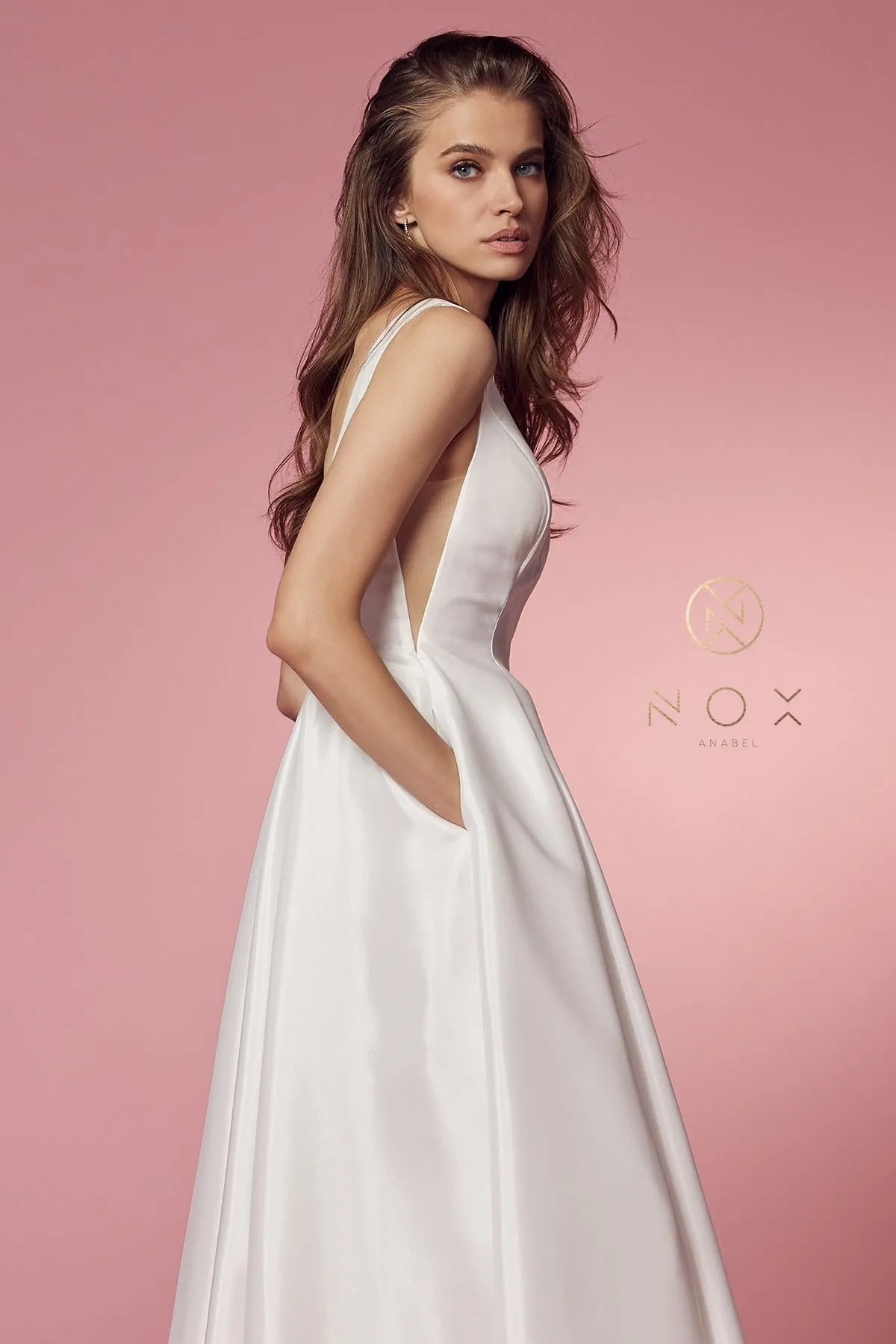 Nox Anabel E156W Long A-Line Dress V-Neck with Pockets