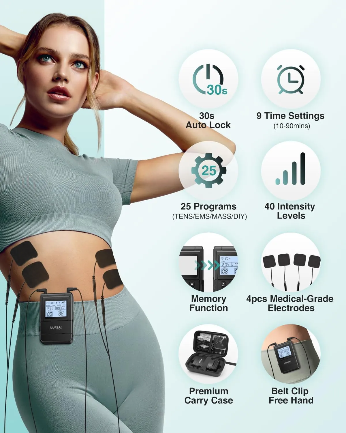 NURSAL 4 in 1 Tens Unit Muscle Stimulator, Dual Channel EMS Massage Machine with 40 Intensities