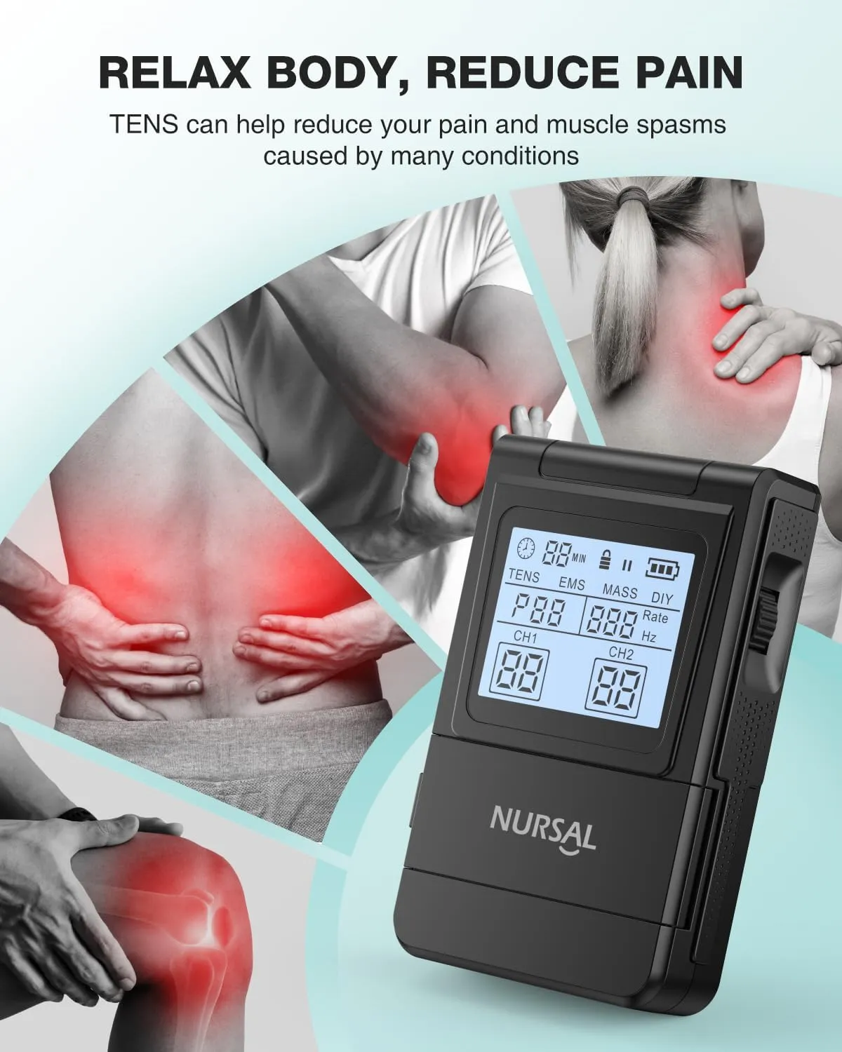 NURSAL 4 in 1 Tens Unit Muscle Stimulator, Dual Channel EMS Massage Machine with 40 Intensities