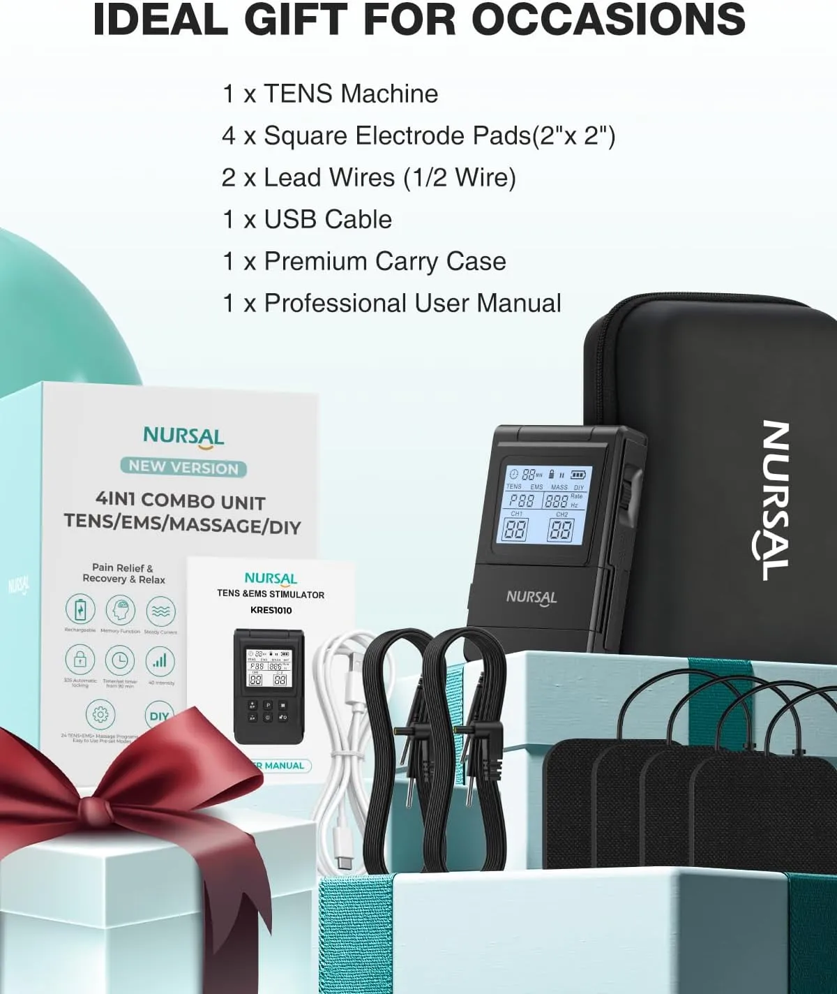 NURSAL 4 in 1 Tens Unit Muscle Stimulator, Dual Channel EMS Massage Machine with 40 Intensities