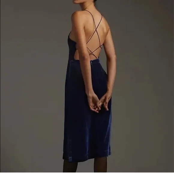 NWT Anthropologie Velvet Slip Midi Dress Blue Size 16