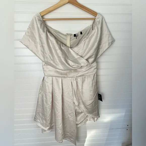 NWT Lulus Always Celebrating Ivory Satin Off-the-Shoulder Mini Dress