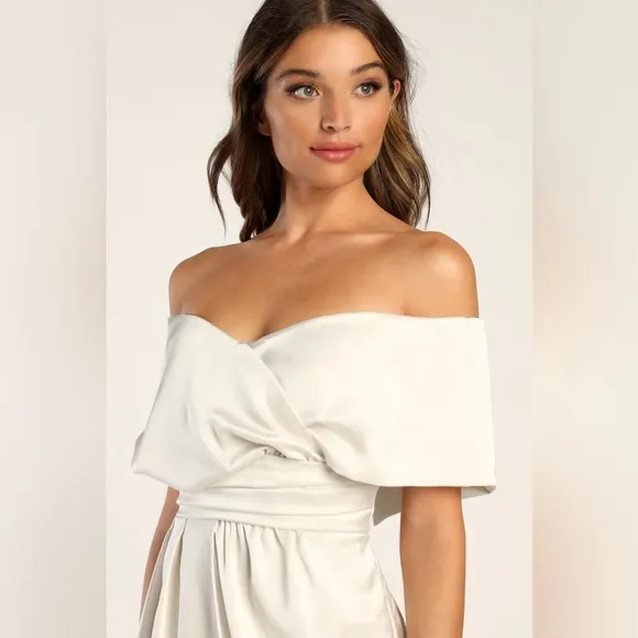NWT Lulus Always Celebrating Ivory Satin Off-the-Shoulder Mini Dress