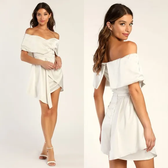 NWT Lulus Always Celebrating Ivory Satin Off-the-Shoulder Mini Dress
