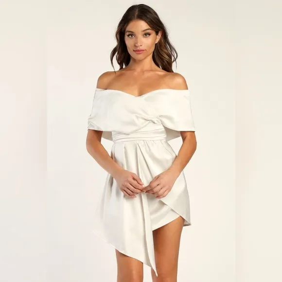 NWT Lulus Always Celebrating Ivory Satin Off-the-Shoulder Mini Dress