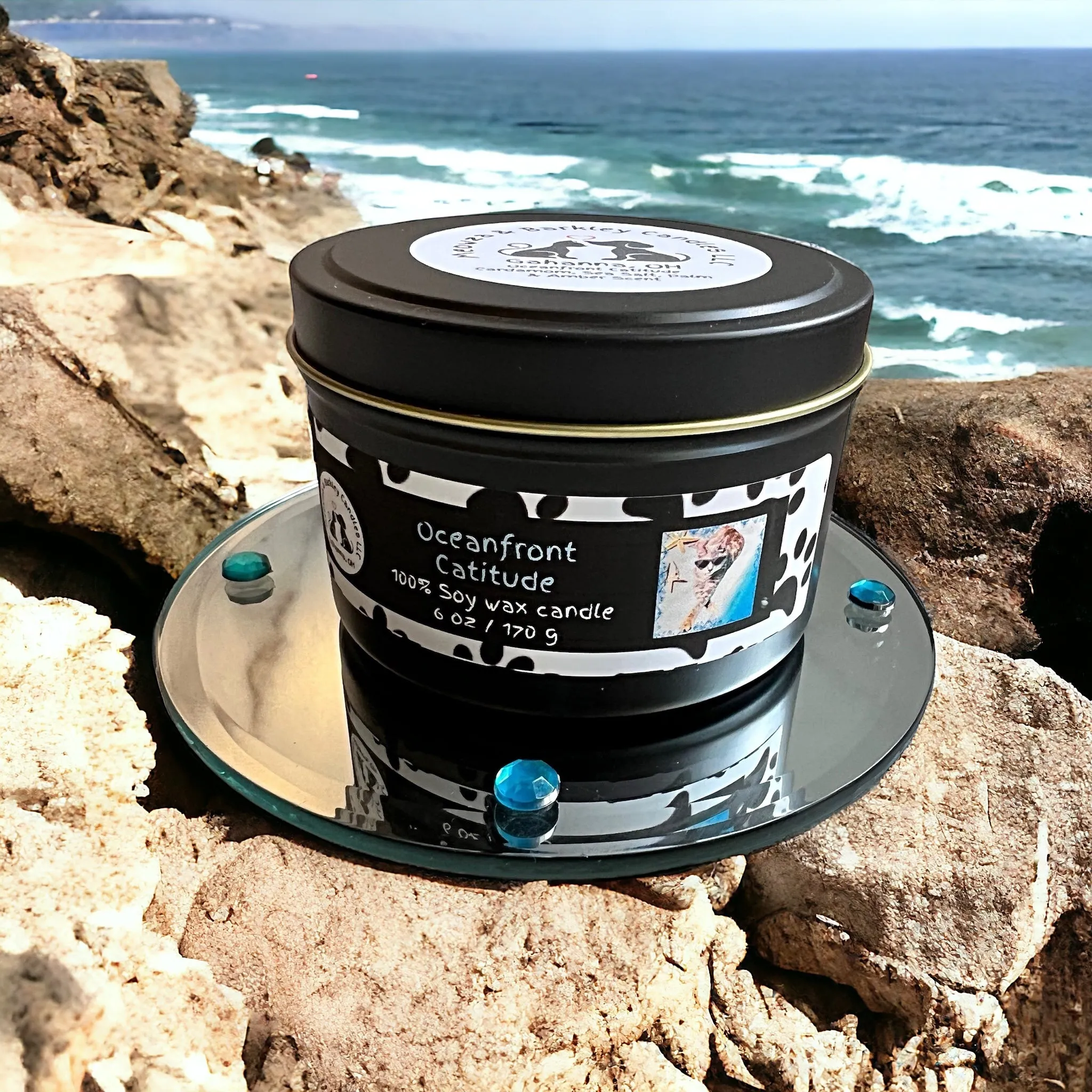 Oceanfront Catitude Two Wick Tin Soy Candle - Cardamom, Sea Salt, Palm & Amber Scent