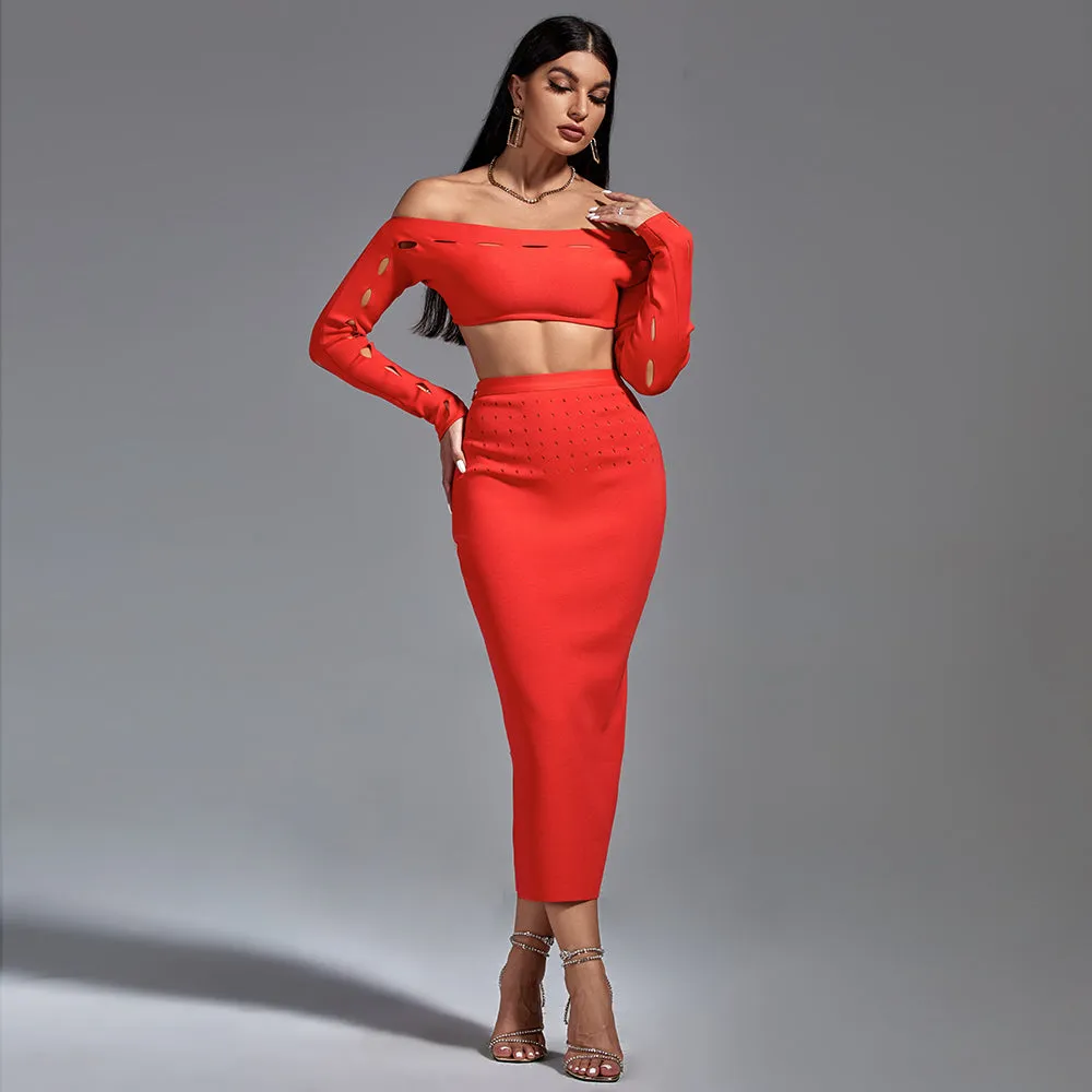 Off Shoulder Exposed Waist Bandage Set