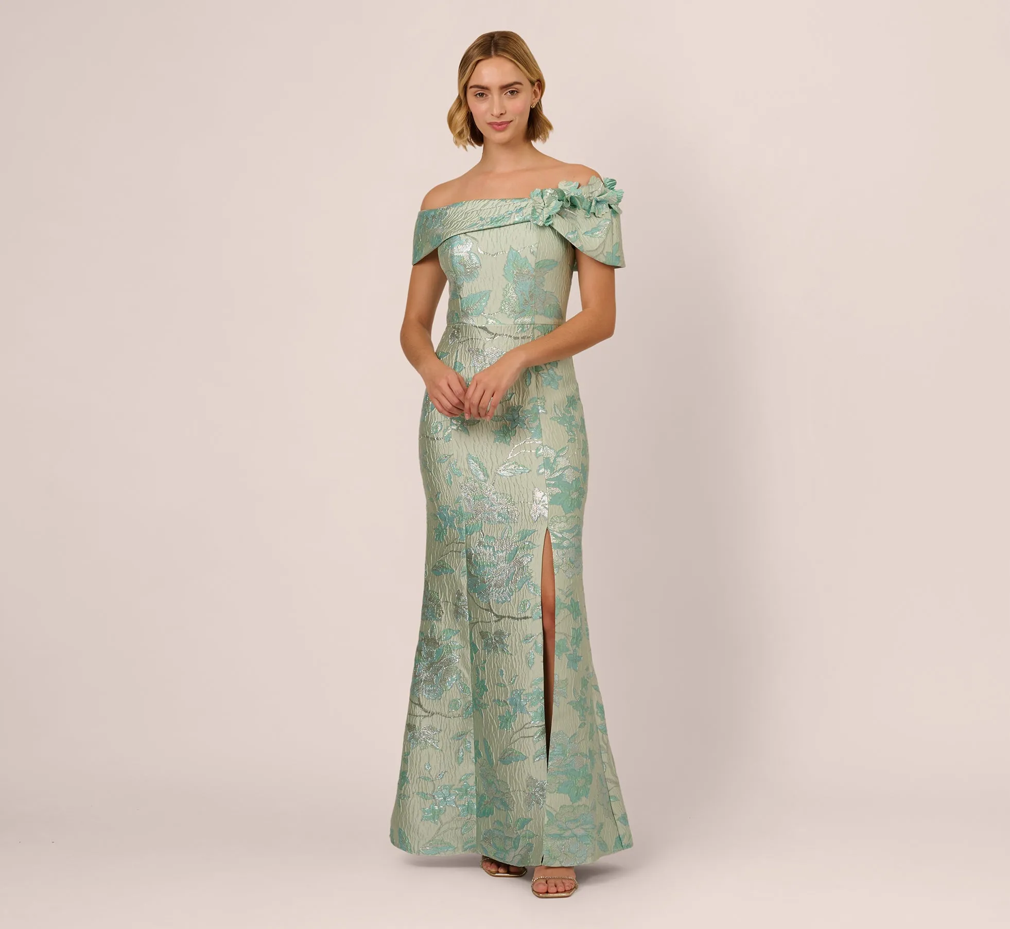 Off Shoulder Floral Jacquard Mermaid Gown In Icy Sage