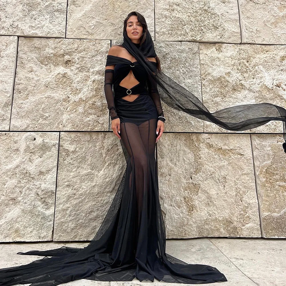Off Shoulder Long Sleeve Detachable Sleeve Maxi Dress ZNSBA1027