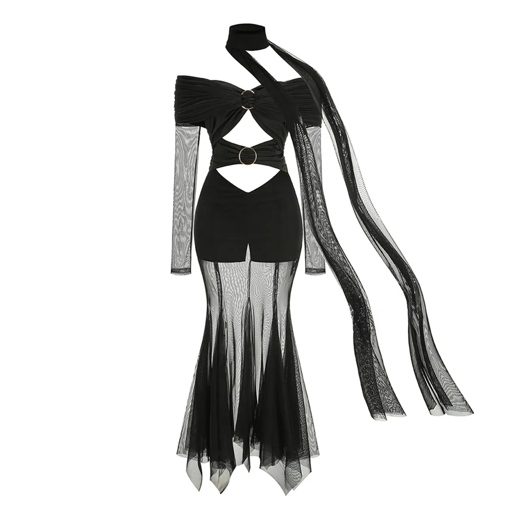 Off Shoulder Long Sleeve Detachable Sleeve Maxi Dress ZNSBA1027
