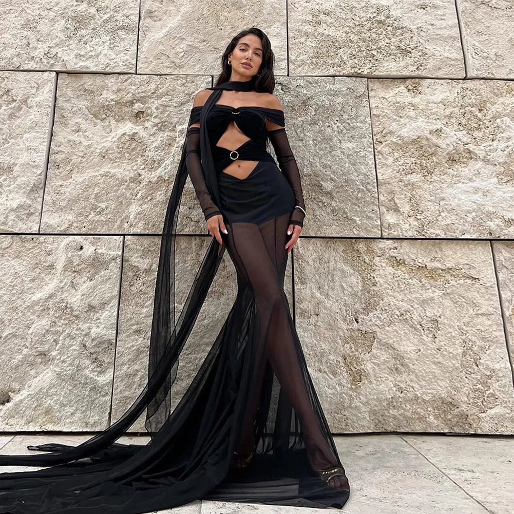 Off Shoulder Long Sleeve Detachable Sleeve Maxi Dress ZNSBA1027