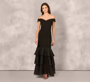 Off Shoulder Organza Flounce Mermaid Gown In Black
