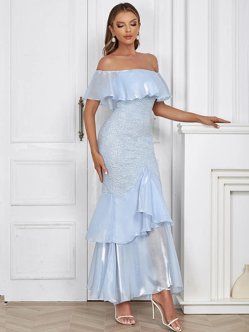 Off Shoulder Splicing Maxi Bodycon Dress HB02101
